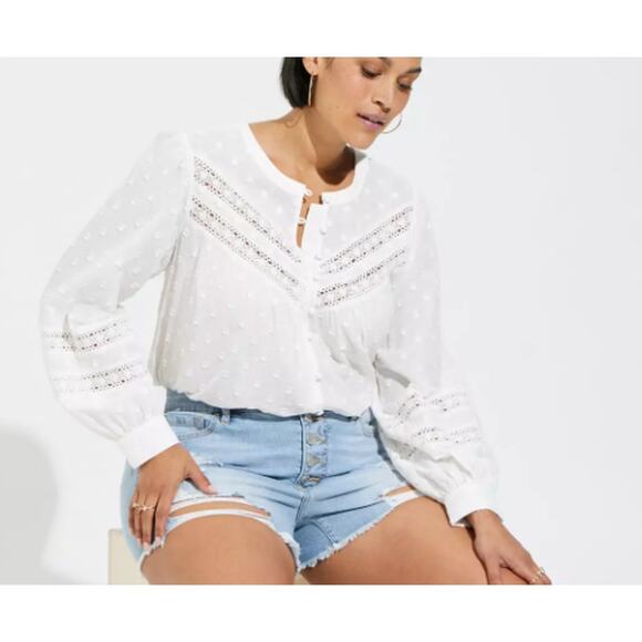 Torrid Women's White Cotton Clip Dot Lace Trim Long Sleeve Top Size 3X - Picture 1 of 9